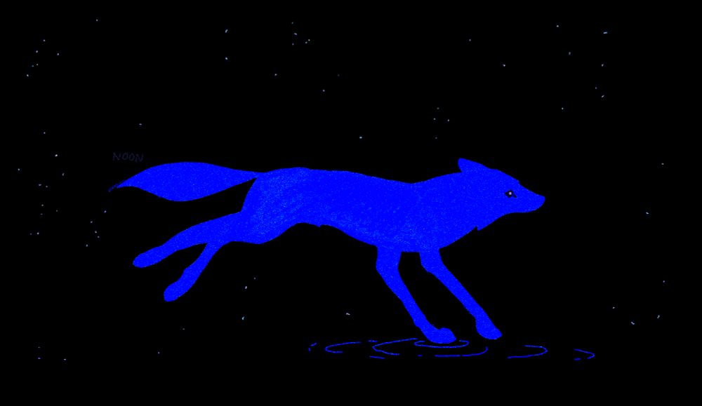 a crunchy bluescreen blue wolf runs through a simple black void with white stars, making ripples in space as it goes