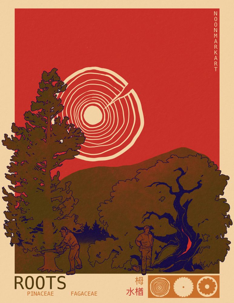A poster design featuring Tsujinaka Toshinori and Indou Kouhei from The Summer Hikaru Died. The main illustration is drawn in limited red, cream, navy and green hues and shows the two characters each tending to their parts of a forest. In the distance a mountain ridge is visible. In the sky, a cracked anterior view of a tree round, showing the rings. 

The bottom of the poster has the text, ‘ROOTS’, Pinaceae’, ‘Fagaceae’, and the kanji for tsuga and mizunara (Japanese hemlock, water oak respectively). Next to the kanji are three icons - a tree round showing the rings, a saw mill blade, and the silhouette of ‘Hikaru’s eye. 