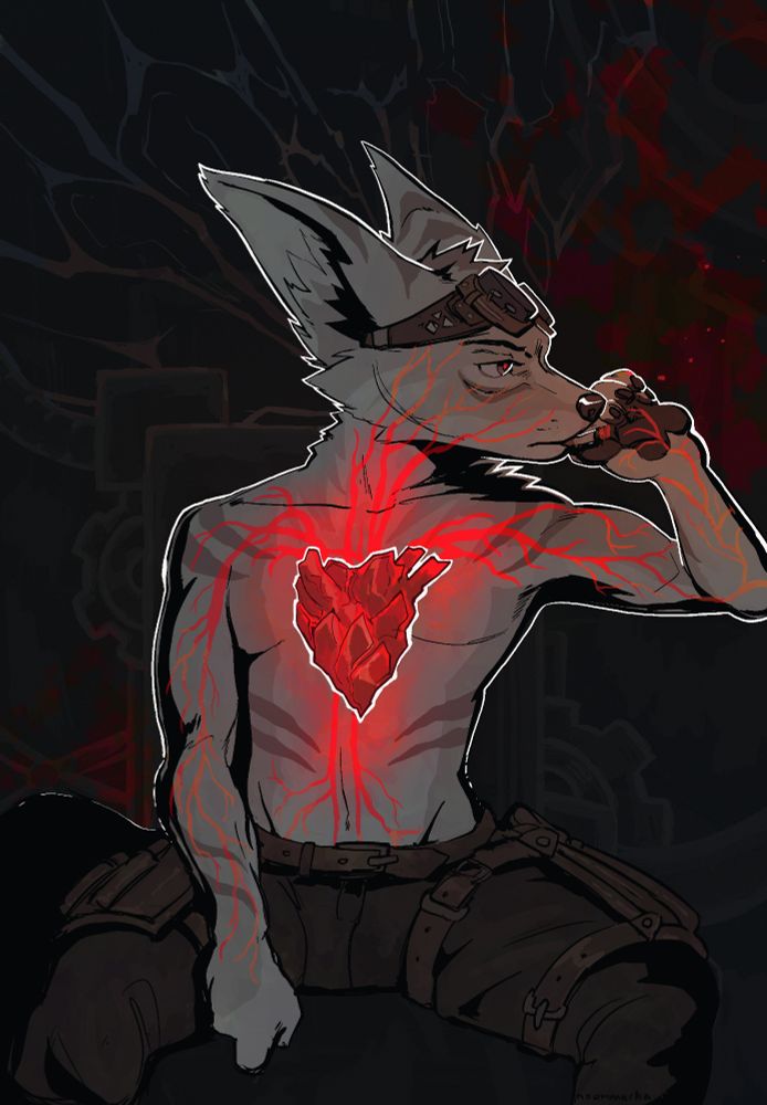 A vulpera sits smoking a cigarette against an abstracted background. The colors of muted in the presence of the heart in the center of his chest that seems to shine through his body. The color spreads out along graphical veins, less literal than symbolic, joining with the warm glow of his cigarette. The heart is crystalline, and the vulpera appears to be an engineer / artificier of some sort. 