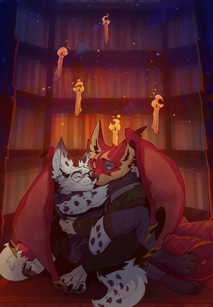 Two vulpera, one white furred and spotted the other red furred with draconic wings, sit in a library reading nook. Warm light from floating magical candles diffuses around them, turning into blue shadows at the edges. The background is countless shelves of books.