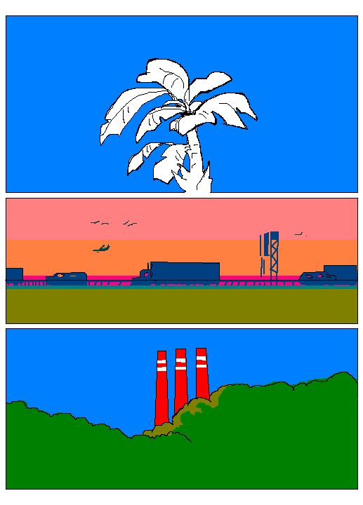 three vertically stacked panels of scenery drawn with flat colors. first is a blue sky with a black and white banana tree. second is a view of a highway at sunset, with a strip of pink marking the sky's horizon. the third has a blue sky and colliding green hills. sticking out from the trees are three red smoke stacks from a distant plant. 