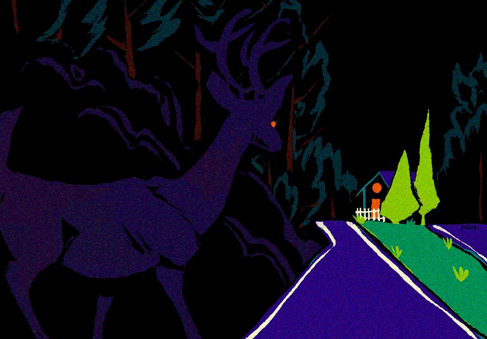 a low contrast and blocky illustration of a deer. In high contrast and vivid green and indigo, a two lane highway is shown in the right corner. The deer is crossing the road from the left. In the distance in the median there is a house surrounded by a white picket fence. The highway is surrounded by forests and hills. Both the lights in the house and the deers eye are the same color 