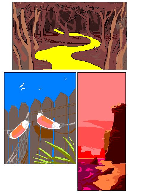 three panels - first is a reddish grey forest with a flat yellow path winding off into the distance. the second on the bottom left is of a weathered wooden fence with fish netting and rope hanging, and buoys tied along the loops. bottom right is a red sunset, view of the ocean and cliffs with a small strip of rocky beach beneath them. 