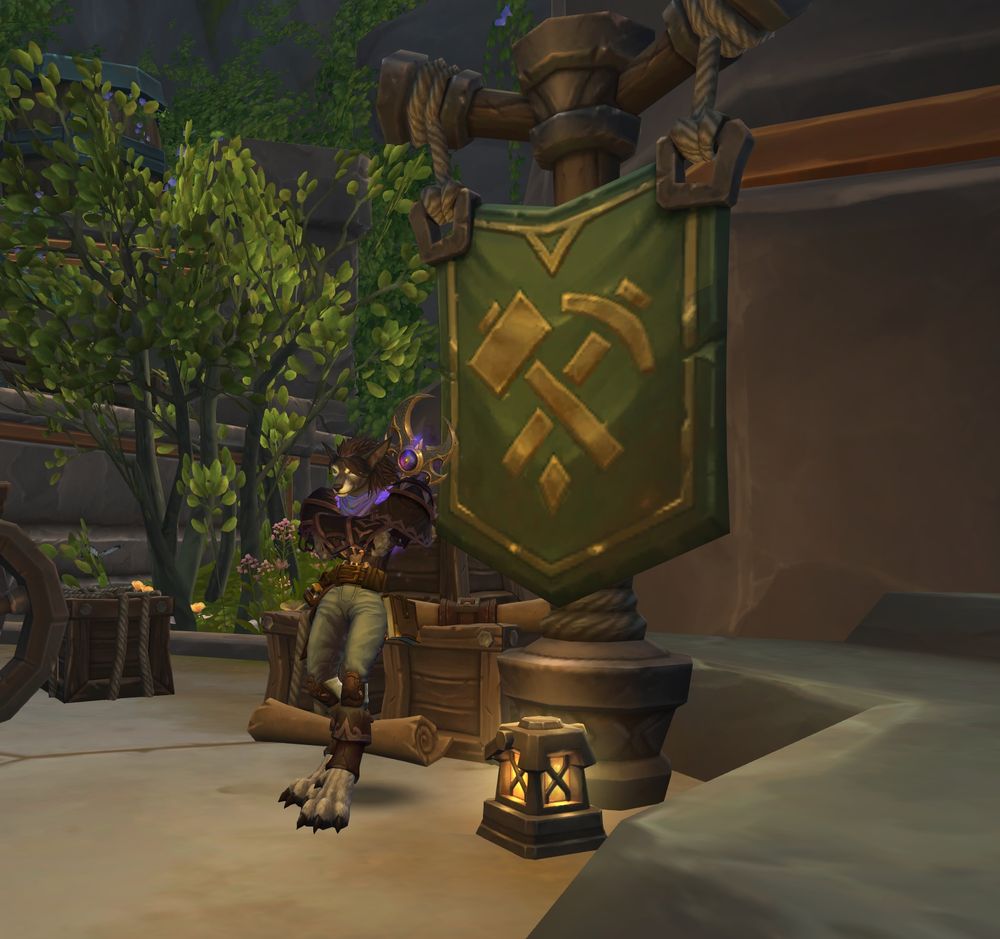 a worgen in world of warcraft in dornogal leaning against the explorers league flag