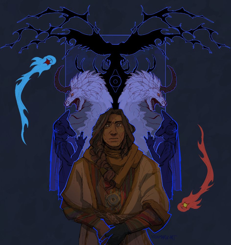 a largely monochromatic, graphical piece featuring fantastical creatures and peoeople mirrored on either side of a sinister looking eagle as it descends. In the center is an eye. To either side are a star and meteor. The creatures are a pair of horned feathery draconic beasts, and a pair of people clad in veils and dog masks. In front of these elements stands a man cloaked in earthen tones with braided hair. He looks weary, looking with a pointed gaze as he considers what is beyond the camera.  