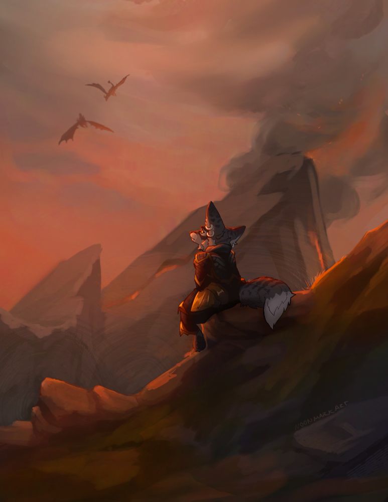 A grey vulpera, or perhaps something more, sits and watches black dragons fly over the volcanic rise of the Waking Shores of the Dragon Isles in the distance. 