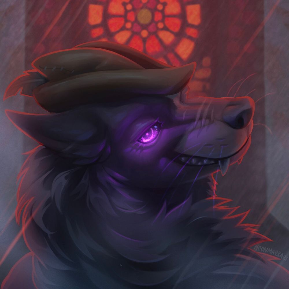 A worgen from world of Warcraft in front of the Gilneas cathedral. The red glow from the clock tower shines on the edges of her fur. She looks back at the viewer, sly and knowing. One of her eyes is visible, casting a purple glow on her fur. The rain falls around her illuminated by different light. 