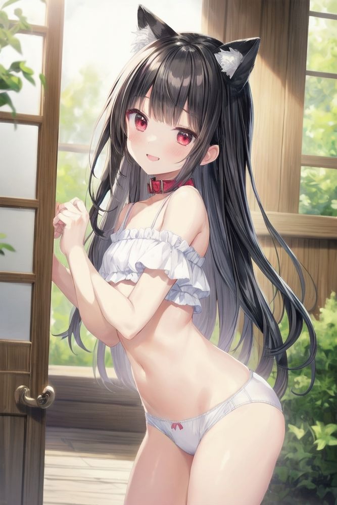 1girl, masterpiece, best quality, ultra-detailed, kawaii, lovely, game cg, 14years old, cat ear:1.5, small chest:1.3, red eyes, black hair, long hair, hair intakes:1.3, red collar:1.3, BREAK,cute white bra,lingerie,cinderella bust,cute white panties,standing,showpanties, from front,from adove,looking at viewer,say smile,