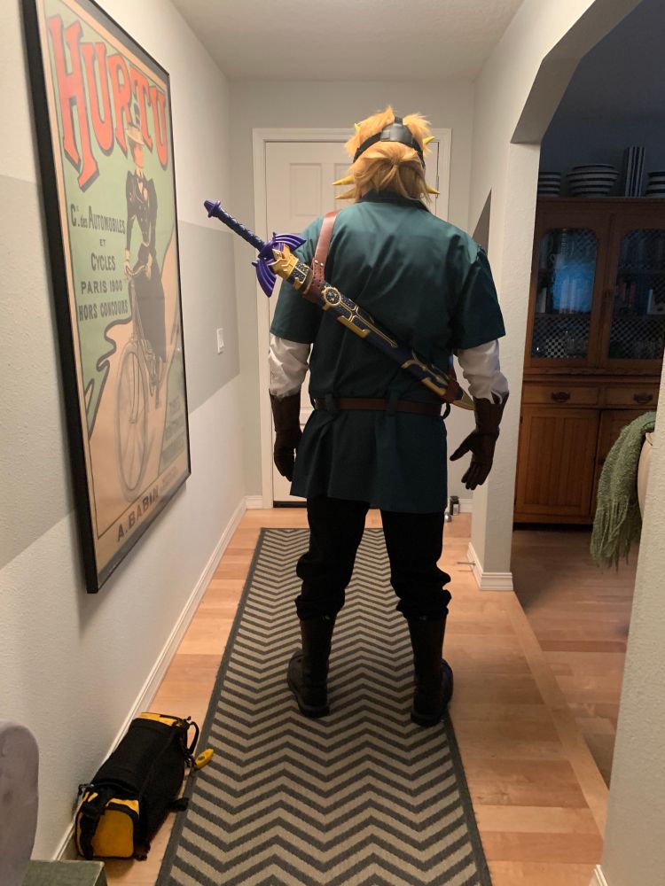 Cosplay of mismatched Link outfits from Breath of the Wild and/or Tears of the Kingdom: Majora's Mask head; Tunic of Time chest; and Dark Link legs.