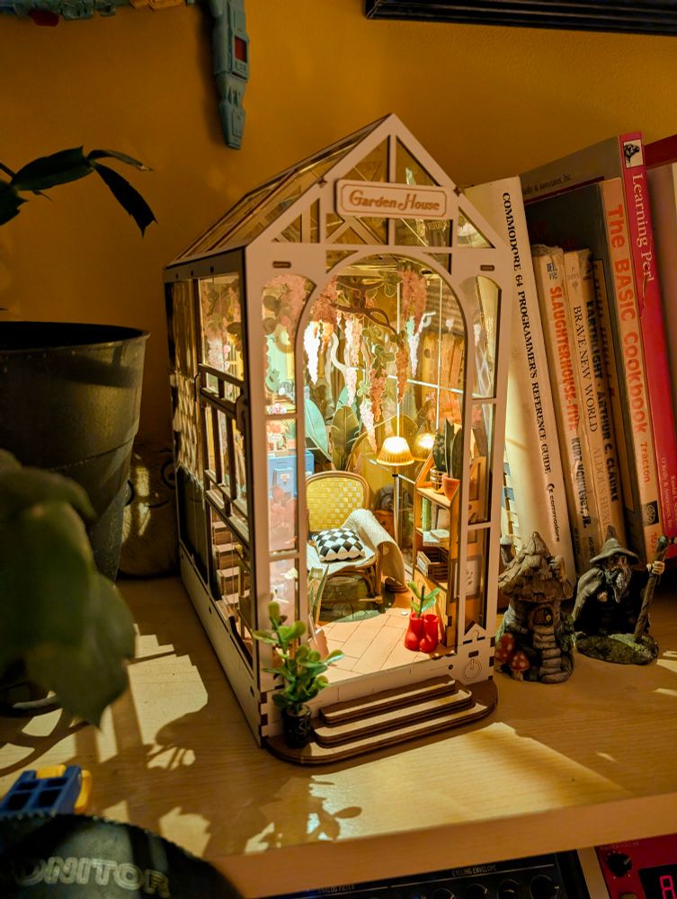 Laser cut small "garden house" wood/cardboard/paper model kit that looks like a tiny cozy greenhouse with tiny furniture and lighting. Placed in a book shelf next to a christmas cactus.