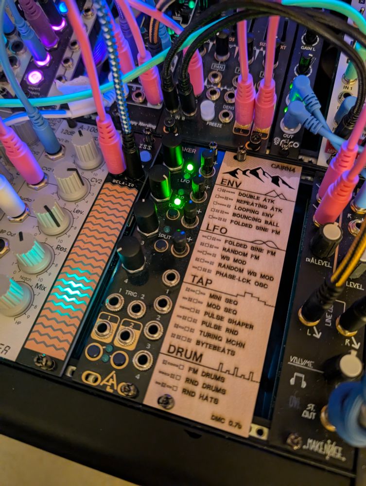 Finished panel in a eurorack case next to a Mutable Instruments Peaks clone by After Later Audio.