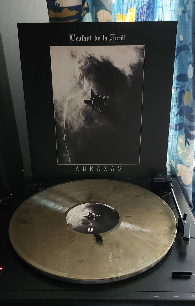 A photo of the record Abraxas by L'Enfant De La Forêt. The cover has a black and white ghostly figure reaching towards the viewer. The disk is gold marbled with black.