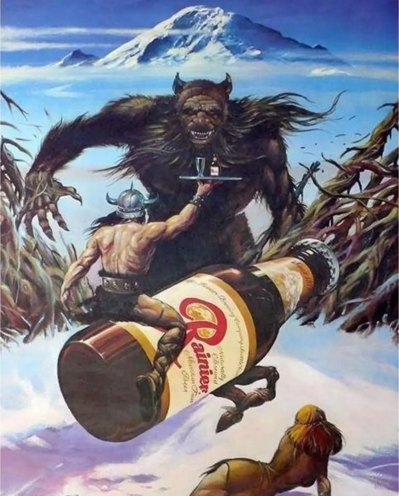 Frazetta style Warrior riding a giant bottle of rainier beer to battle a werewolf