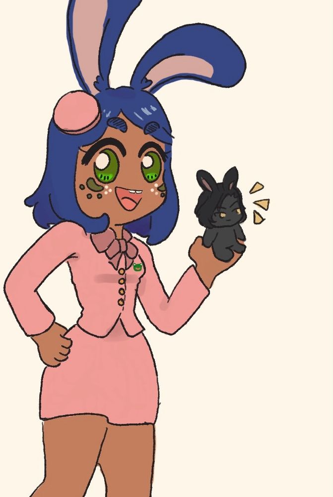 Art of Tavi dressed like an Avon Lady holding an eren plush.