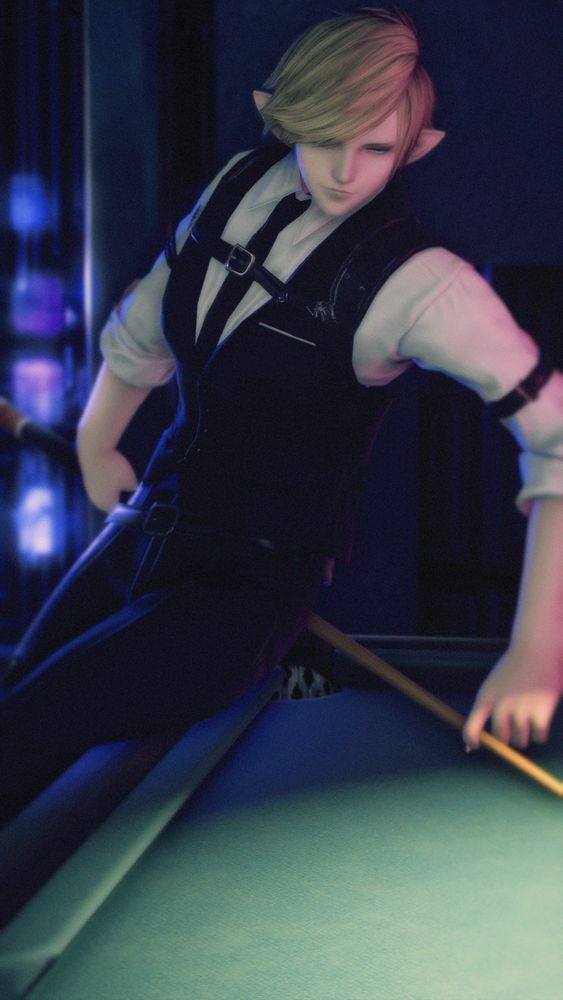 A gpose of Shale from ffxiv leaving against a pool table in the bouncer’s set.