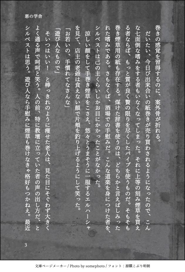 巻きの感覚を習得するのに、案外骨が折れる。
　だいたい、今日び出来合いの紙巻きが売り買わされるようになったので、こんな七面倒な嗜みをする者もいなくなってしまった。それに上等の刻み煙草を買える者ならば、もっと質が良く贅の限りを尽くしたパイプを使うものだ。そもそも巻き煙草用の紙も存在する。煤けた辞書を使うのは、どちらかと言えばしみったれた嗜みである。さもなくば、酒場での手慰みだ。こんな道楽を身につけた者を、シルベストは己の主くらいしかお目にかかったことがなかった。
　涼しい顔をして手巻き煙草をこさえ、悠々とうまそうに一服するエルハーシャを見て、店主の老爺は食えない顔で片頬を釣り上げるようにして笑った。
「お若いの、手慣れてなさんな」
「遊び人なもので」
　そいつはいい！　と棒っきれのように痩せた老人は、見た目にそぐわず大きくよく通る声で呵呵と笑う。人の前、特に教壇に立っていた者の声の出し方だ、とシルベストは思う。遊び人なら手慰みに煙草も巻けなきゃ格好もつかねえ。最近