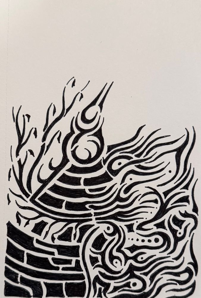 A black and white ink pen drawing made of abstract shapes and lines. It might look like a bird escaping from a well, while the well begins to melt.