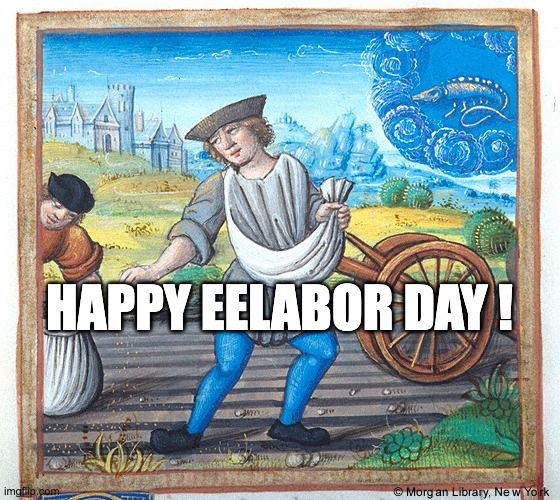 Meme. Medieval painting of two men sewing grain in a field. The man in front, whom we'll call Villhorc, is wearing bright blue leggings, a grey shirt, and a flat-topped brown hat. He is carrying grain in a sling of sorts, and is tossing it into the furrows. He has blonde hair and his expression speaks of vacancy. Behind him is a two-wheeled cart. The second man, further back and only half in the picture, is bent over a bag on the ground. He is wearing a brown shirt and black cap. Likely his name is LourVance, but he goes by LV. In the background, beyond some hills, looms a walled city. In the sky behind this bucolic scene is what looks like a roiling dark blue cloud. And inside the cloud is some sort of lizard or dragon. It looks a bit like an anteater with a lizard tail and multiple legs. We can call it Fizzlesnort. Why is it there? This is a mystery. The men haven't clearly noticed Fizzlesnort yet. Will you warn them? Or just watch the show? Meme text reads: 