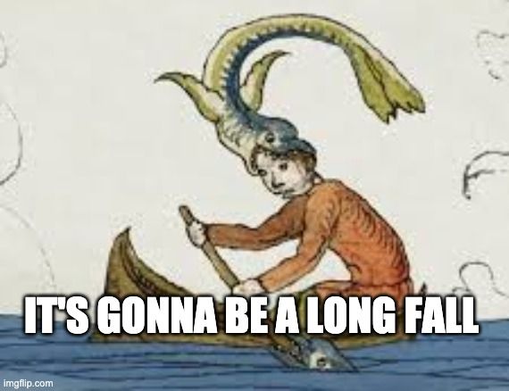 Meme. Medieval colored drawing showing a figure in a small boat with a large green fish attached to his head. The figure is likely a man, but this is uncertain. His name is even less certain, but we'll call him Yedward. He is wearing a long orange shirt, and is paddling his boat across a body of blue water. There are clouds int eh background. Yedward might have been wearing a hat at some point, but if he was, the fish has eaten it. He seems very concerned, and you would too. That fish is no joke.

The fish has it's jaws around Yedward's head, and is arching its back so far that its tail will soon touch the top of its head. It's fins are thrust out, and it looks very graceful.

It's unfair to name the man but not the fish, so we'll call her Merwena. She was raised on tales of Jonah & Moby Dick, & longs to be like her literary heroes. She's going to eat this man if it takes all day. He can't paddle forever. Especially with a hole in his head.

Meme text reads:
"It's gonna be a long fall"