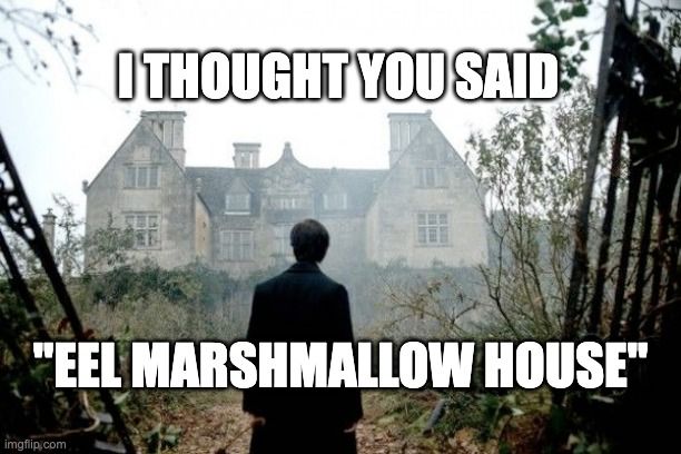 Meme. Still from film "The Woman in Black" showing a figure looking at an old house through the fog. The figure is likely a man, and we'll call him Throckmotion. It's an unfortunate name to give a child, and we can assume that he grew up to be an unfortunate adult. Here, our dude Throck (you would go by Throck, too) is standing between a pair or rusted, broken iron gates, looking into the overgrown and abandoned estate that stands between him and the (obviously haunted) house. You can imagine the ghostly flickers of wan faces just behind the dark glass of the house's windows. Somewhere, a raven cries in delighted rage.

Will our man go forward? Will he not? With a name like Throckmortion, it's impossible to tell. Conscious doth make cowards of us all, but I'm not convinced that Throck has one.

This looks a bit like an episode of House Hunters International that's gone off the rails.

Meme text reads:
"I thought you said
'Eel Marshmallow House'"