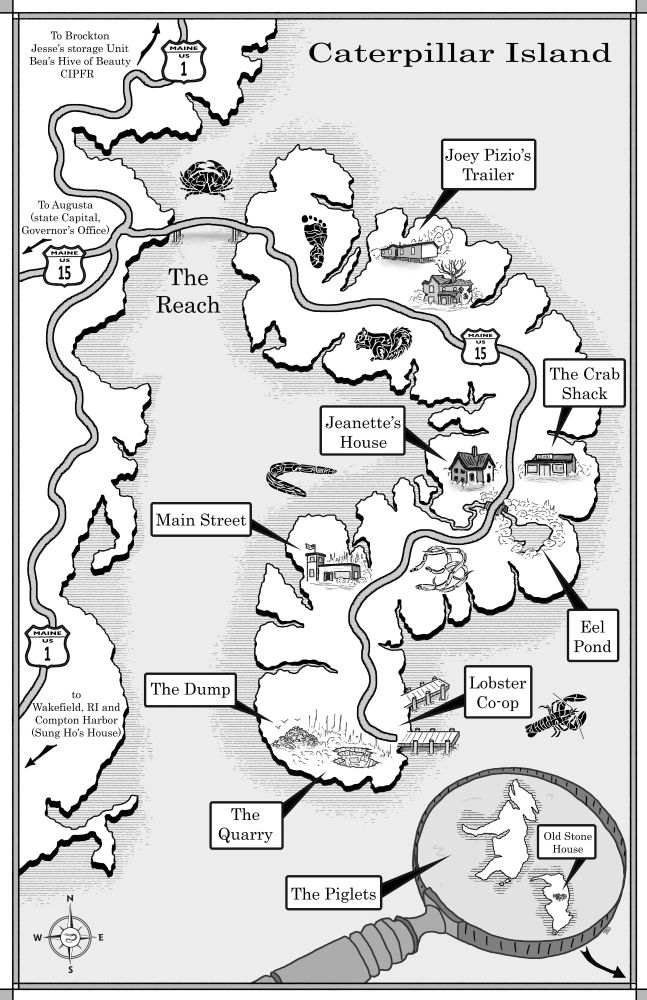 Greyscale map of an island, labeled "Caterpillar Island." The island is drawn to resemble the Very Hungry Caterpillar, as the clients requested. At the bottom of the map is a magnifying glass showing two smaller islands that look like pigs, labelled "The Piglets" in the lower right-hand part of the map. The island has a number of drawn locations, including a quarry, a dump, a building showing the main street, a house, a restaurant called "The Crab Shack", a trailer, and a broken-down house with a tree growing through it. Each has a label. There are also a number of animals, drawn in a style that will be familiar to anyone who has followed me for very long. They are drawn with abstract black shapes and lines, and have a PNW indigenous aesthetic. There's a squirrel, an eel, 3 glass eels, a lobster, a crab, and footprint. 