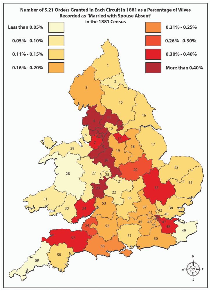 A colored map of England, broken up by early modern judicial borders. The label at the top of the map reads: "Number of S.21 Orders Granted in Each Circuit in 1881 as a Percentage of Wives
Recorded as  ‘Married with Spouse Absent’
in the 1881 Census" and has a set of 8 boxed below it with with different colors to indicate different percentages. The judicial regions on the map are colored to match the boxes.