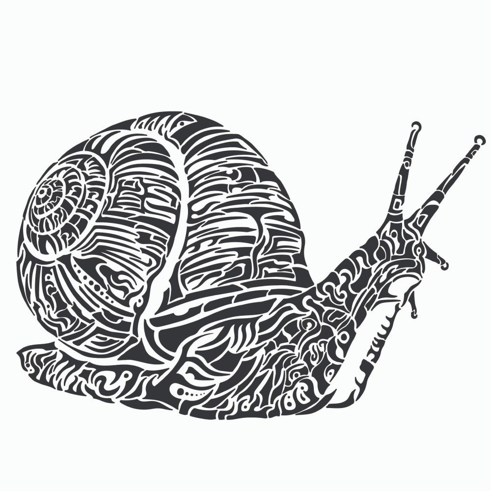 Black and white drawing of a snail, made of abstract lines and shapes. The snail looks truculent, and you'd not want to cross him in a dark alley somewhere. You laugh, but there's nothing here but the snail, and you have no sense of how big he might actually be.