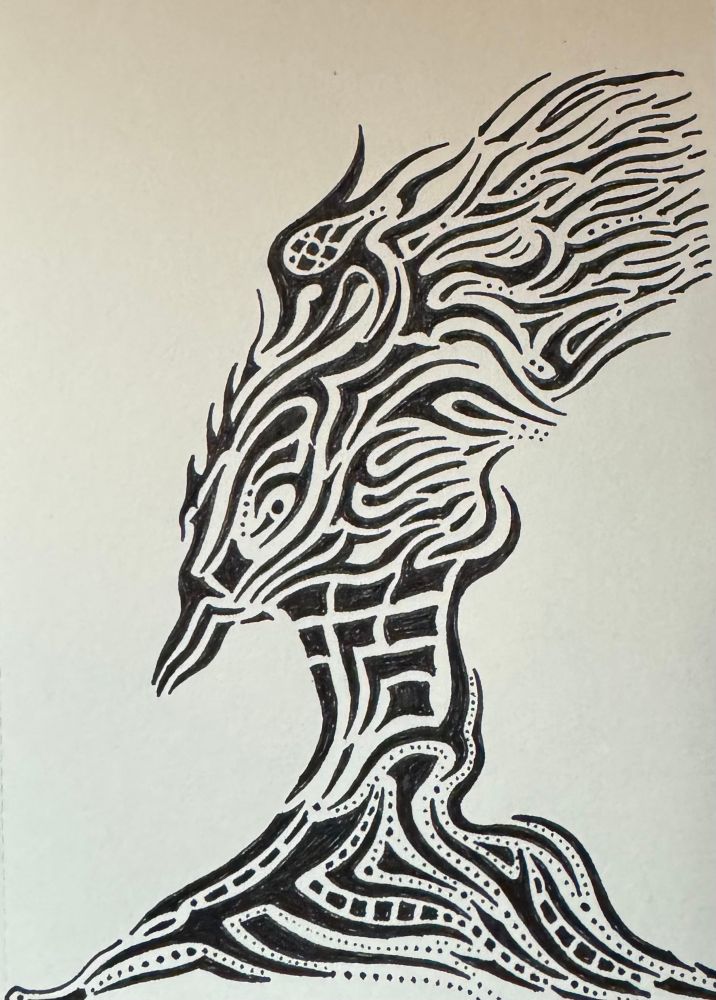 Art. Black and white ink pen drawing made of abstract shapes and lines that might look like a bird with a fancy crest and a long, thick neck