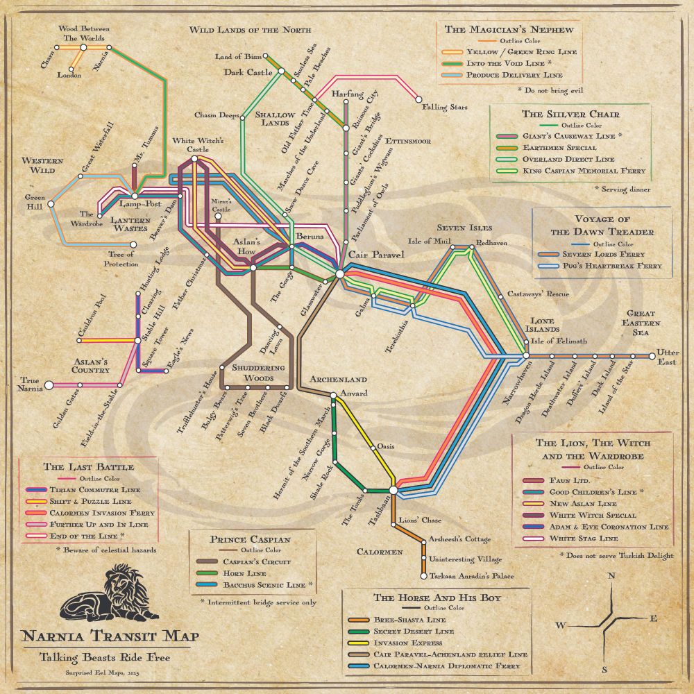 A subway style map on a parchment background. The map's title reads: "Narnia Transit Map: Talking Beasts Ride Free." The map has seven keys, one for each of the seven books in C.S. Lewis's Narinia series. The main movements of characters and action in each book are traced by colored lines, like a subway map. Locations in each book are marked out as stops in the lines. There is a drawing of a lion above the title of the map, and in the lower right corner there is a compass rose.