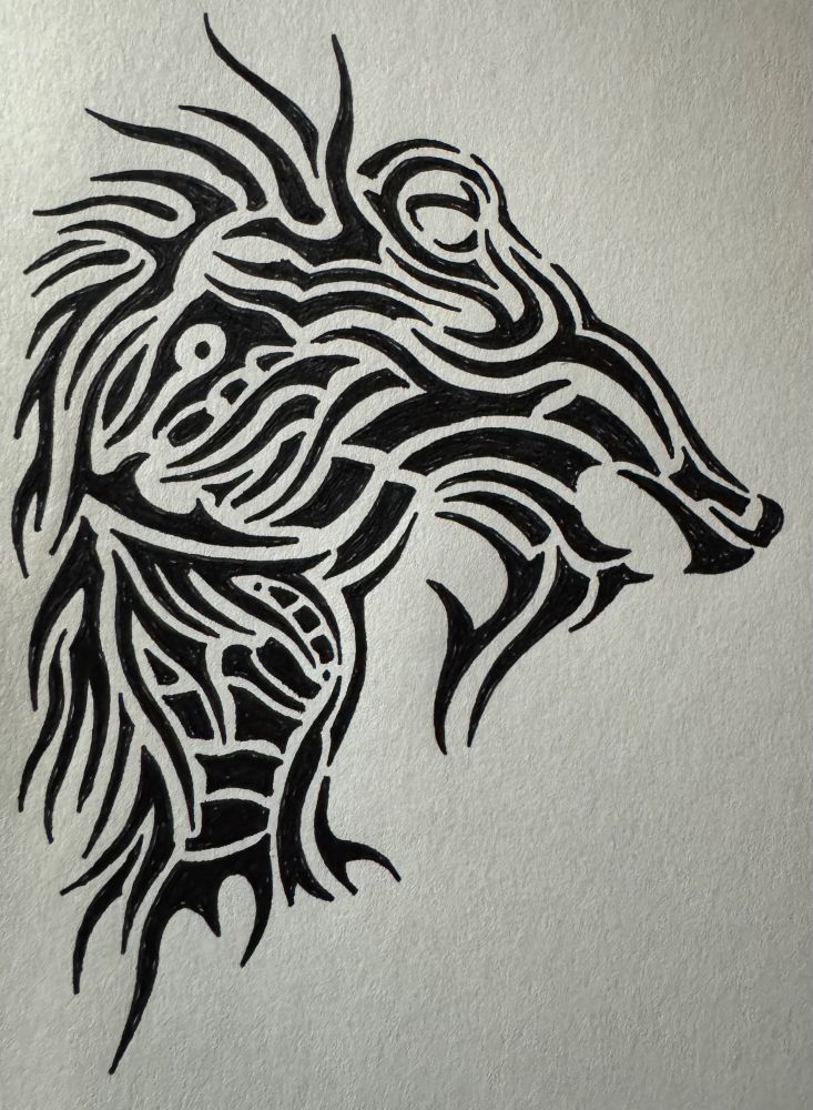 Art. Black and white ink pen drawing made of abstract shapes and lines. It might look like the head of a lion or a knight from a chess set. An equine lion, or a feline horse. Chess on the Savannah, with cats jumping after gazelles in L-shaped patterns.