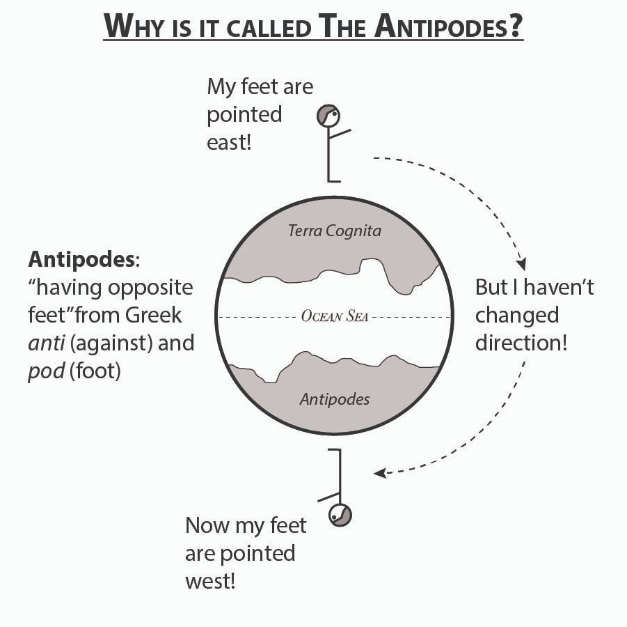 Diagram labeled: "Why is it called the Antipodes?" The diagram shows a stick figure standing on top of a globe, meant to be the earth. Inside the globe are two landmasses: one at the top labeled "Terra Cognita" and one at the bottom labeled "Antipodes." Between them is a dotted line at the equator, and the words "Ocean Sea."

The stick figure is facing right, and has text next to him that says, "My feet are pointed east!" There is an identical stick figure on the other side of the world, but he's upside down so he is facing to the left. The text next to him reads, "Now my feet are pointed west!"

On the right side of the globe is a dotted line with arrows indicating motion from the top down to the bottom, around the outside of the globe Text reads, "But I haven't changed direction!"

On the left side of the globe is the word "Antipodes:" in bold, and below it is a definition which reads: "having opposite feet" from Greek anti (against) and foot (pod).