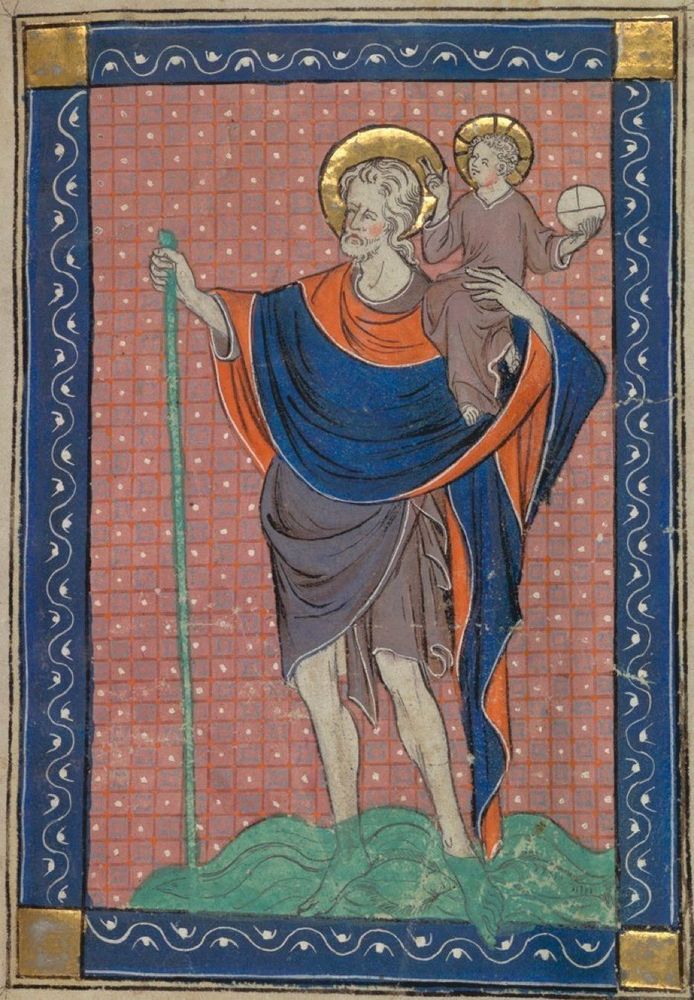 Medieval illumination of St. Christopher walking through the water with Jesus on his shoulder, and an eel swimming around his ankles. Christopher is leaning on a staff, and wearing a blue and orange cloak that suggests he went to UVA. Christ is wearing a brown baby thing, and is holding a orb, which is doing two things. First, it's an globus cruciger, which is a symbol of christian authority. BUT it's also a T-O map of the world.  This is a fun reflection of the part of the story where, by the time he gets to the far bank, the saint feels like he's bearing the world on his shoulders. 'Cause look! He is!

Both the baby and the saint have halos. Chris looks stressed, but also somewhat unburdened. The eel -- whom we'll call Vrenaldo -- looks cool and happy. But he's not carrying anything except the secret knowledge of his spawning grounds.

Source: Cambridge MS Dd.4.17 4r