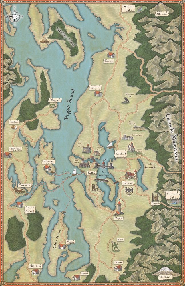 A map of the area around Seattle, from Tacoma in the South to Whidby Island in the north. It is done in a fantasy style, with different places represented by different icons. The border took me a long time, and is made of abstract shapes on a red background. There are mountains and forests, and the map includes Mt. Rainier in the bottom right and Mt. Backer in the top right. Neither mountain is actually there, but it's close enough.