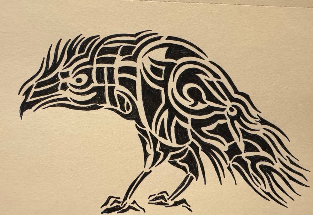 Black and white ink pen drawing made of abstract shapes and lines that looks like a bird — a corvid of some sort — facing slightly away from you.