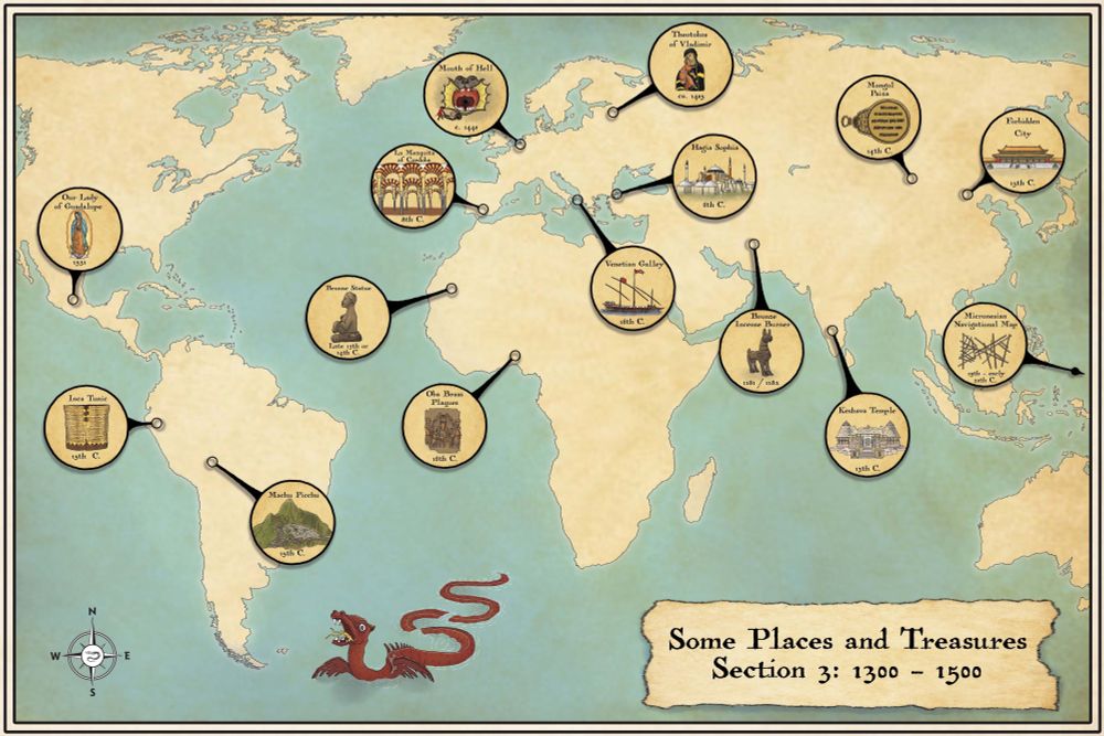 Map of the globe, with Europe in the center. The map mostly does not show Oceania. The map is colored to look like an old-timey parchment maps. There are 15 drawings of various cultural artifacts on the map, each inside a black circle with an arrow pointing to the artifact's location in the world. A map title, written on what looks like torn parchment, reads, "Some Places and Treasures, Section 3: 1300 - 1500"

There is a red dragon in the water. I've shown him before, so I'll share his alt-text again:

A red sea serpent with little wings or fins. He might be a stupid dragon. His long, long tail curves several times before vanishing into the water behind him. You can't tell where in the world we are, as there are no landmarks. The serprent's tongue is yellow, like he's just popped a banana slug into his mouth. His expression kinda looks that way, too. His eyes are wide and his maw is open in something that looks like surprise. Like someone just pinched his butt in the middle of his quarterly earnings presentation.

His name is Speril, and he is an only child.