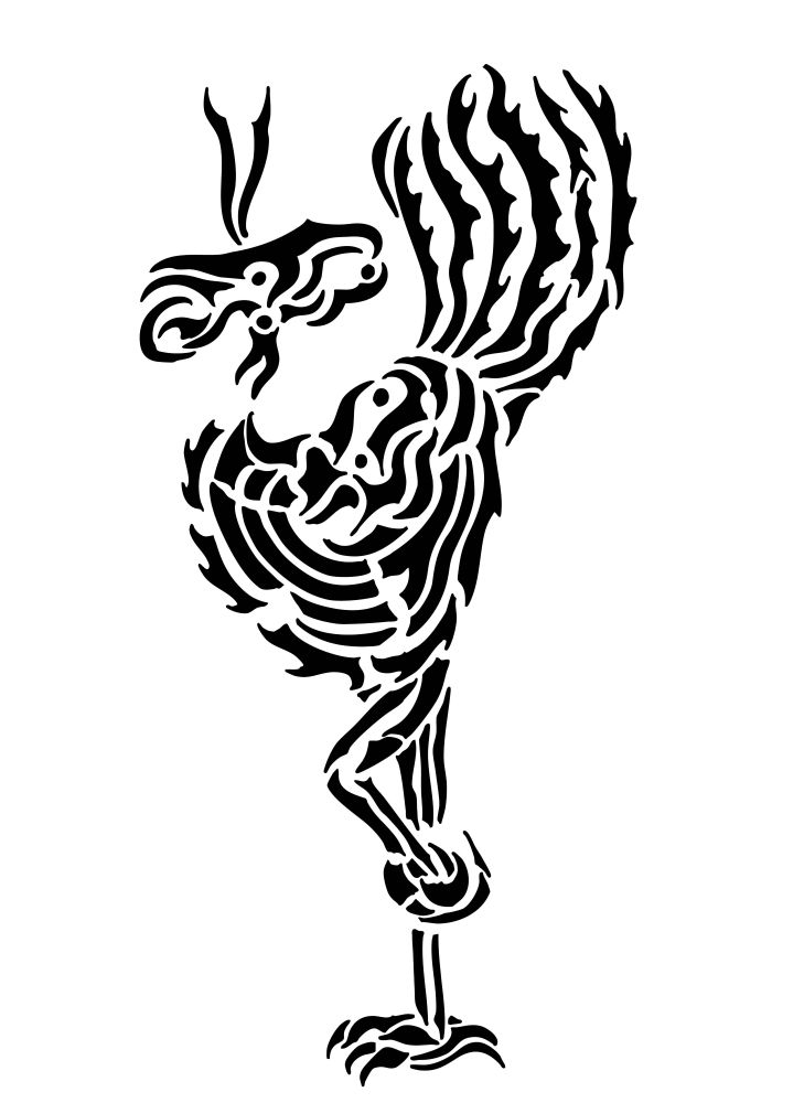 Art. Black and white drawing made of abstract shapes and lines which could show a tall bird standing on one leg, with the other leg raised up nd the claws curled around so they look like he might be holding a ball. His head is pointed towards you, but his eyes are cutting back to your right. His tailfeathers are raised up, and he looks alert. He has two jaunty feathers sticking up from his head, and he is not interested in taking your guff. 