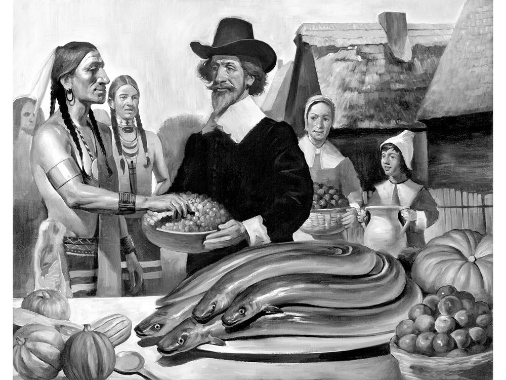 B&W drawing of the 1st Thanksgiving, showing a table full of vegetables and eels. In the center are a pilgrim man, dressed in black and white, with a silly hat and giant collar. He's holding a bowl of grapes, and looking incredibly disengaged. Standing with him is a Native American man, with feathers in his hair. He's not wearing a shirt, but he is wearing several armbands. In all, he looks far more comfortable. He's reaching for a grape, or pointing at one as if to say, "This one has the poison."

Behind the Native American are several others, fading into the background. Behind the pilgrim are two figures, presumably his wife and kid, and couple of houses with thatched roofs. The wife, carrying a basket of apples, has an uncertain expression on her face. It's likely that she's checking out the half-dressed man in her yard, and thinking about how her husband doesn't stack up so well.

On the table in the foreground, in pride of place, is a plate piled high with eels. NOW it's a feast.