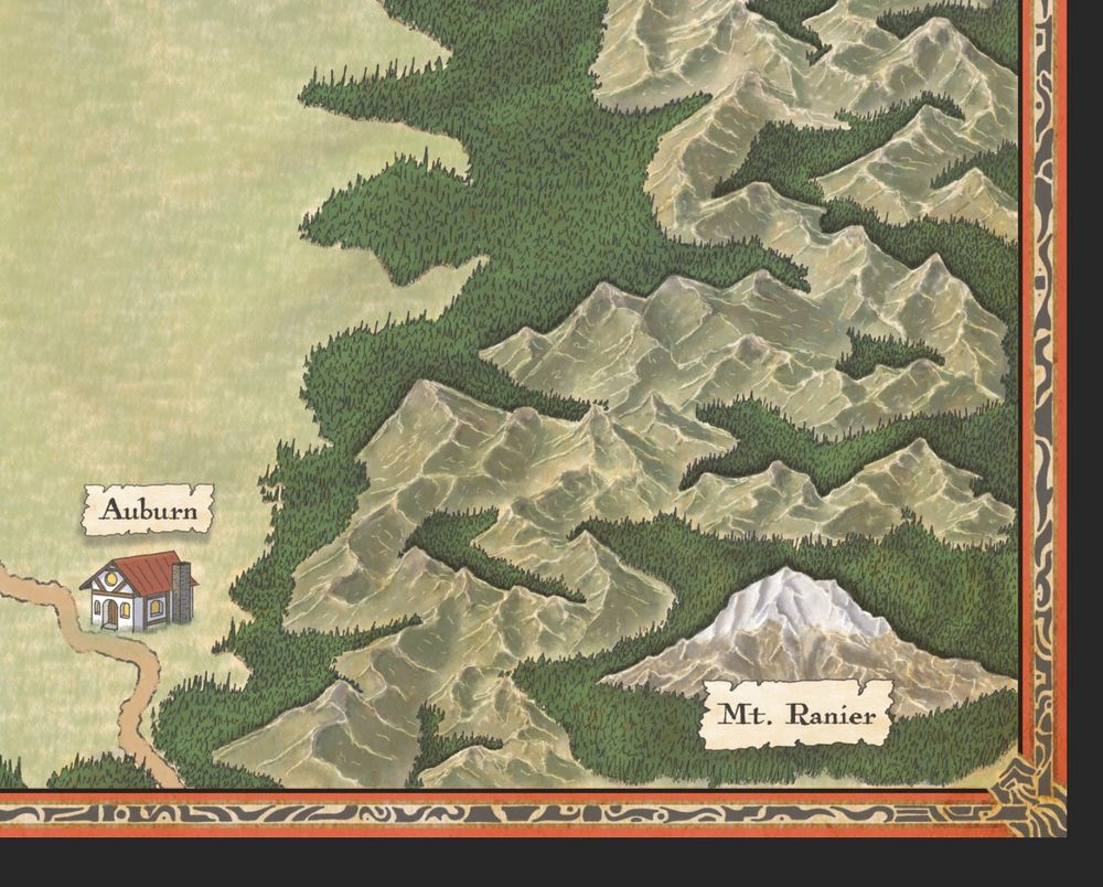 The lower left-hand corner of a map showing a decorative border and some partially-drawn mountains. The border is red with a centerline of abstract black shapes. There is a single large mountain in the corner, surrounded by a chain of smaller peaks. The smaller mountains are colored in a green color, lighter on the left side and darker on right, as if the sun is setting in the west. There are forests surrounding all of the mountains now; it looks like a mountain range with pine forests up to the treeline. The large mountain, which has snow at it's peak, now has a label, written on what looks like a scrap of parchment. The label reads: "Mt. Ranier". To the right there is small white cottage with a red roof. It has a label that reads "Auburn."
