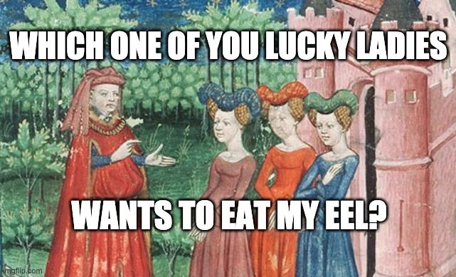 Meme. Medieval painting of a man talking to three women. They are standing in front of a pink castle, or possible beyond the city walls. Behind them, next to the walls, is a dense forrest. The man, dressed in a baggy red cloak to cover his gut, is facing the women and holding out his left hand. He is pointing with his right hand, but it's not clear what he's pointing at. His expression is sour, and he may be asking which of them painted his castle pink while he was away on a boys-only weekend in the city.

The women, for their part, are standing shoulder to shoulder, facing him and looking unimpressed. They are each wearing different colored dressed and hats, with their hair in Princess Leia buns. The one in the middle -- we'll call her Amerilla -- looks esp. dismissive of the man and his possible scoldings. He can suck it; she'll paint the castle whatever damned color she wants. Wait until he sees the living room.

Meme text reads:
"Which one of you lucky ladies
wants to eat my eel?"