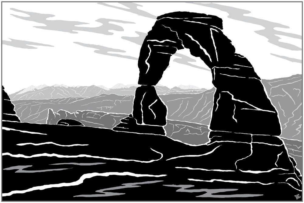 A greyscale drawing of Delicate Arch in Utah.The foreground and the arch are in black. The background is done in increasingly lighter shades of gray. There are whispers of clouds in the sky.