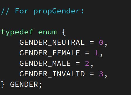 A screenshot of code from the Microsoft Bob SDK from 1995

// For propGender:

typedef enum {
    GENDER_NEUTRAL = 0,
    GENDER_FEMALE = 1,
    GENDER_MALE = 2,
    GENDER_INVALID = 3,
} GENDER;