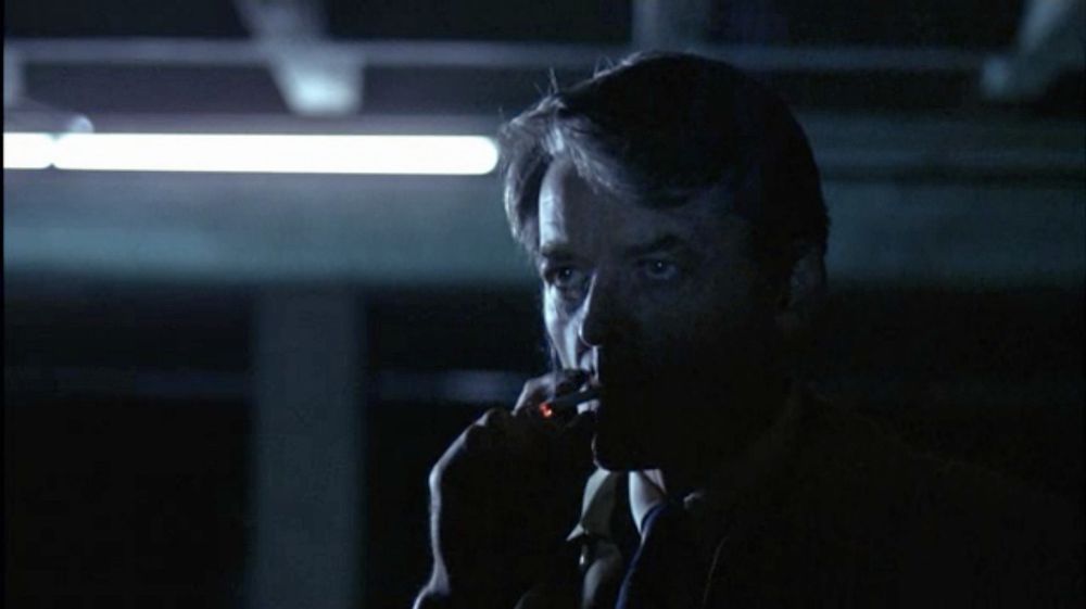 Hal Holbrook as Deep Throat meeting in a DC parking garage in the movie All the President’s Men.