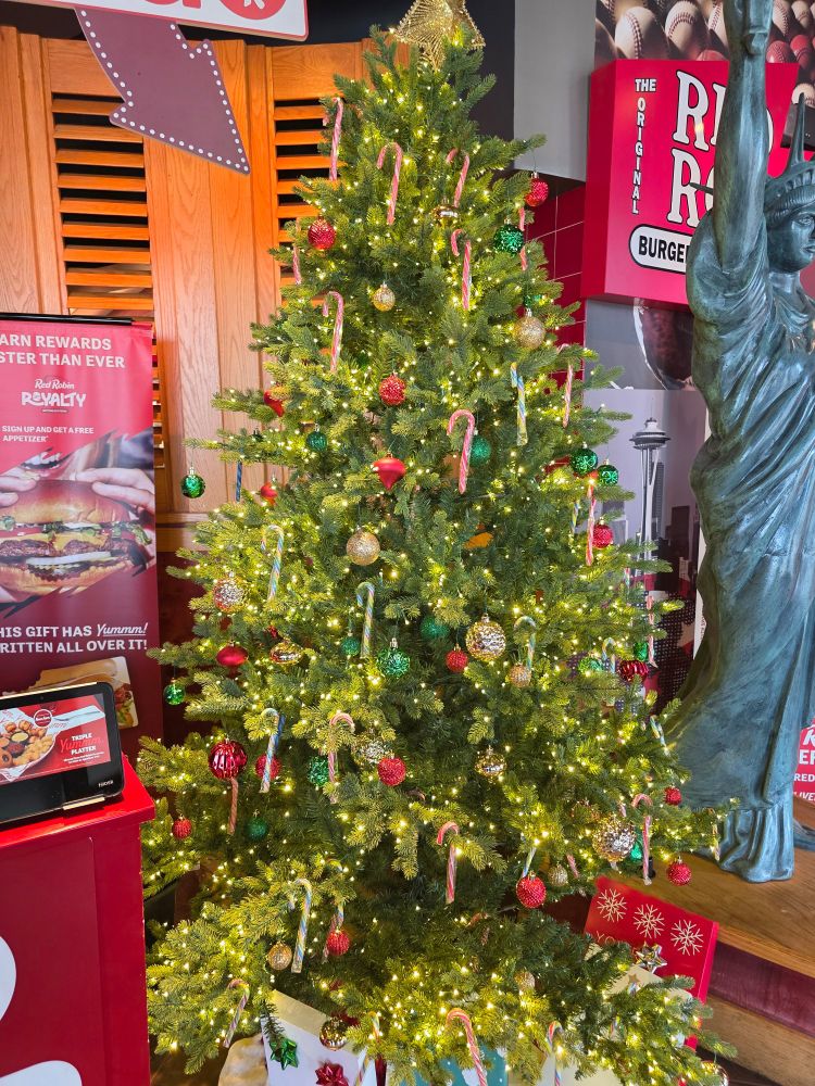 A brightly little Christmas tree with candy canes, red baubles, white lights, and presents beneath. 