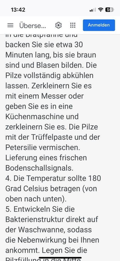 Hanebüchene Google-Übersetzung eines Kochrezepts aus dem Polnischen: „Entwickeln Sie die Bakterienstruktur direkt auf der Waschwanne, sodass die Nebenwirkung bei Ihnen ankommt“. 