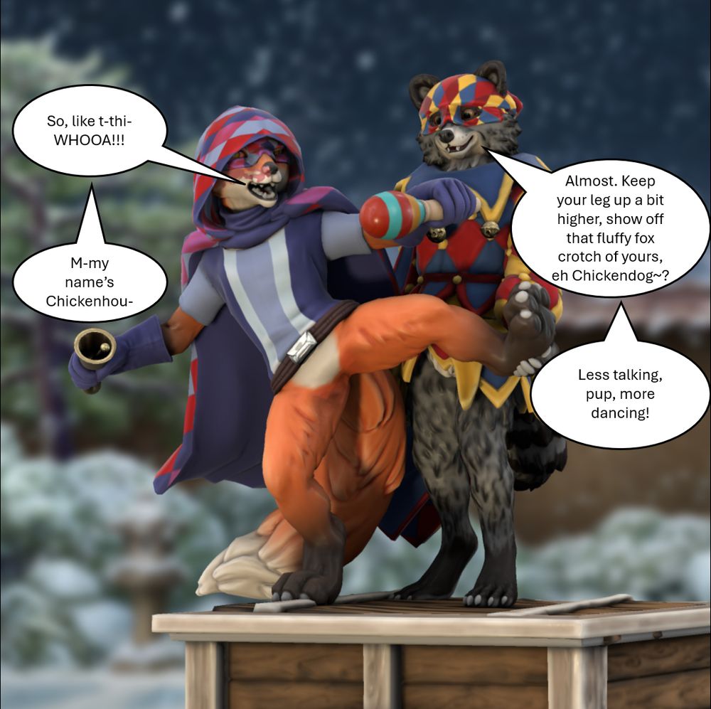 Rico, Chickenhound's mentor, guides the fox through his first dress rehearsal. The raccoon appears to have an ulterior motive in mind, given how he's "helping" the fox more at oddly specific points in the routine.