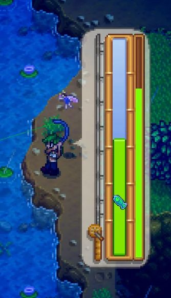 A screenshot from the game Stardew Valley of the fishing mini-game