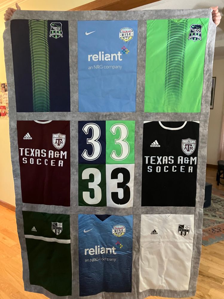 Tshirt quilt created out of soccer jerseys. 