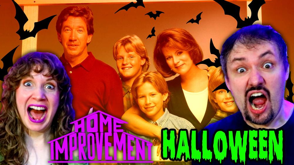 The thumbnail for our video. Phelan and I scream in front of a Home Improvement promotional photo. Bats fly across the picture.