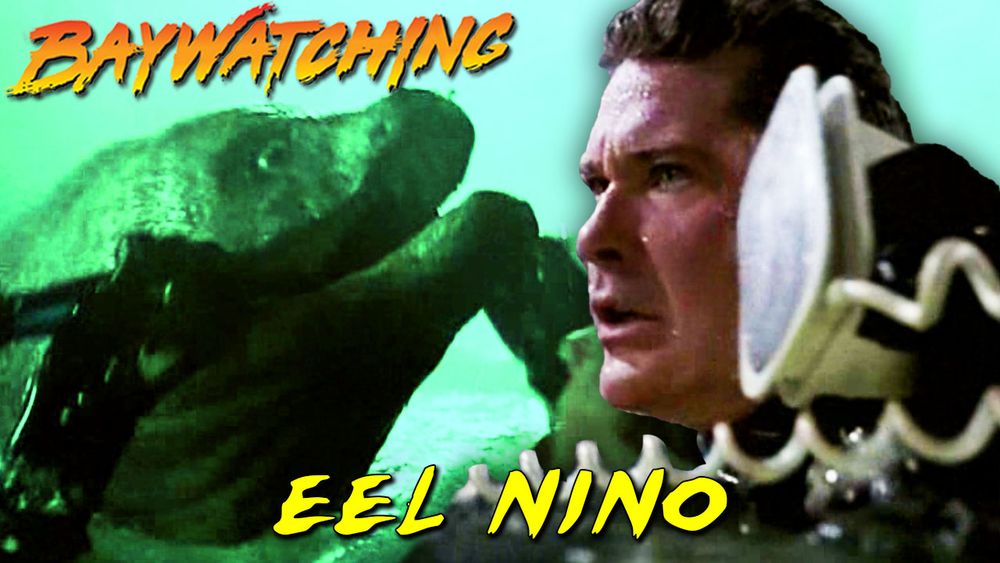 My thumbnail for Baywatching: Eel Nino. Mitch holds up defibrillator paddles as he prepares to fight a giant rubber eel.
