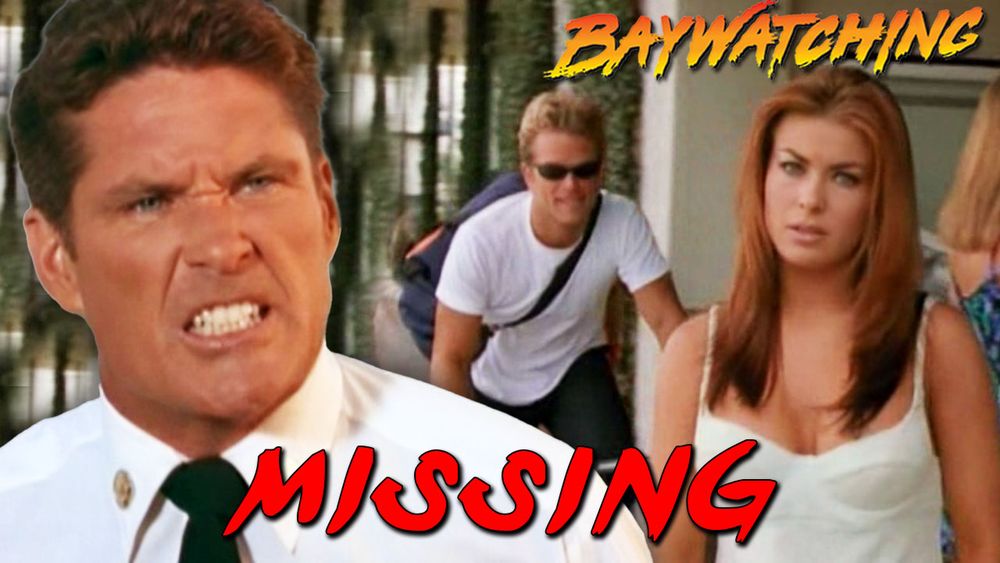 My thumbnail for Baywatching: Missing. Mitch snarls angrily at Cody on a bike. In the foreground, Carmen Electra stares blankly at the camera.